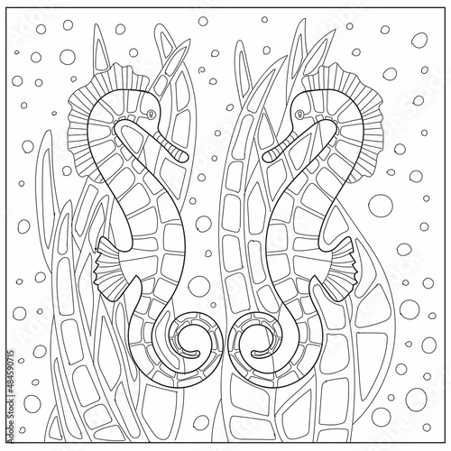 Seahorse underwater coloring page. Hand drawn vector illustration.