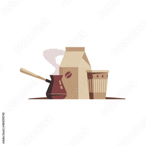 A Turk with hot coffee, a bag of coffee and a paper cup. Vector illustration