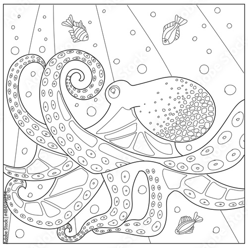 Octopus coloring page, underwater world with fish, waves.