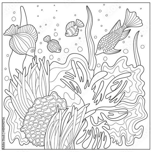 Ocean underwater coloring page with fish  seaweed  corals
