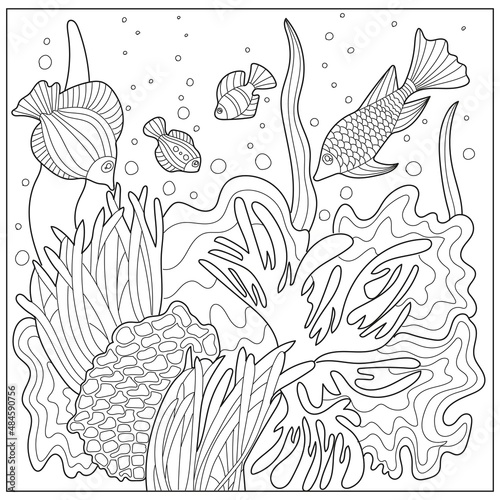 Ocean underwater coloring page with fish, seaweed, corals