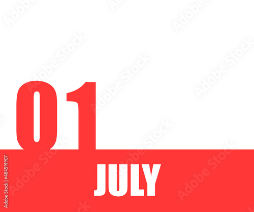 July. 01th day of month, calendar date. Red numbers and stripe with white text on isolated background. Concept of day of year, time planner, summer month