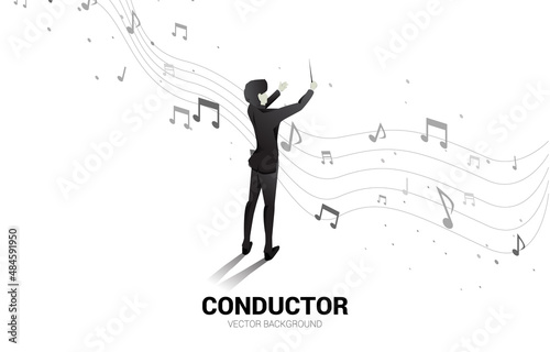 Vector silhouette of conductor standing with flying music note . Concept background for orchestra concert and recreation.