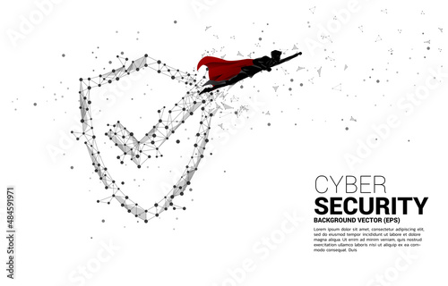 silhouette of superhero fly with Protection shield icon from dot connect line polygon network. concept of guard security and safety