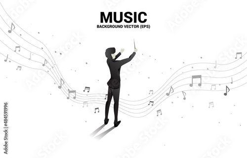 Vector silhouette of conductor standing with flying music note . Concept background for orchestra concert and recreation.