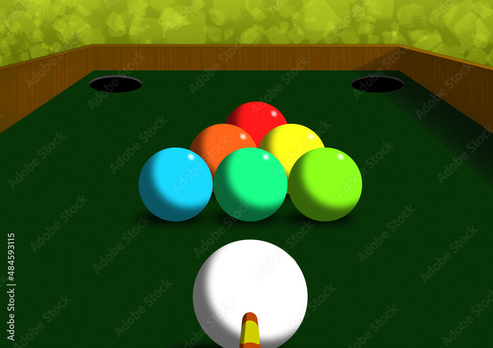 Jeu de billard avec 6 boules de couleur et une boule blanche Stock