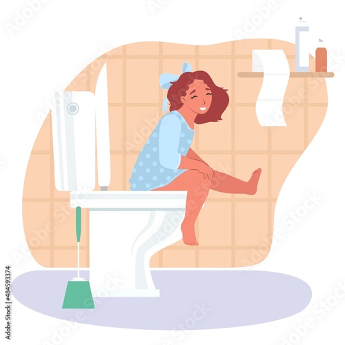Kid girl sitting on toilet bowl, vector illustration. Toilet routine.