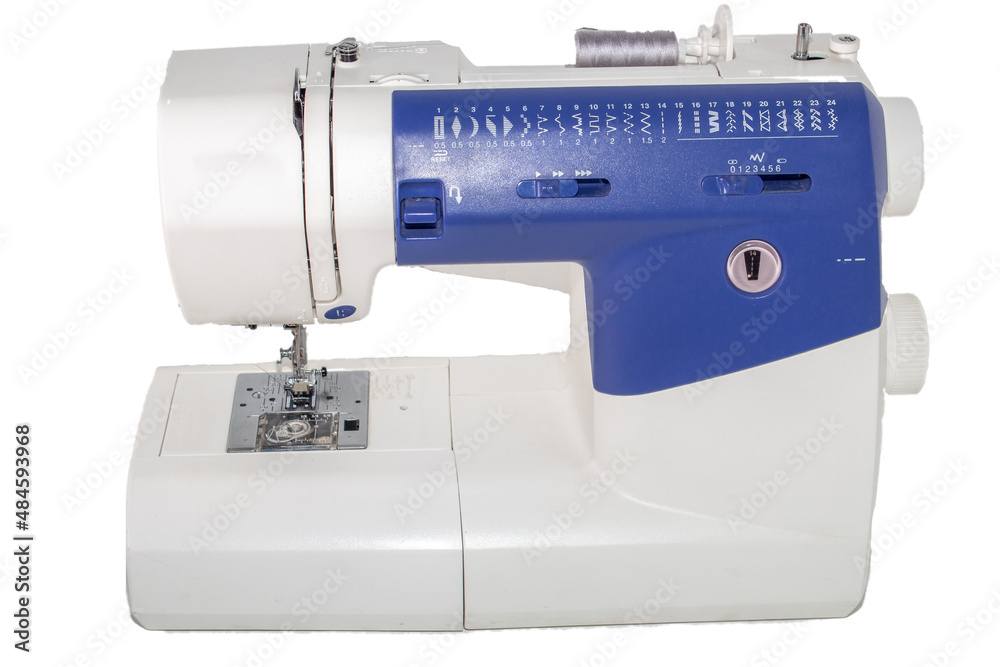 Overlock sewing machine. Making clothes, sewing. Isolation on white.