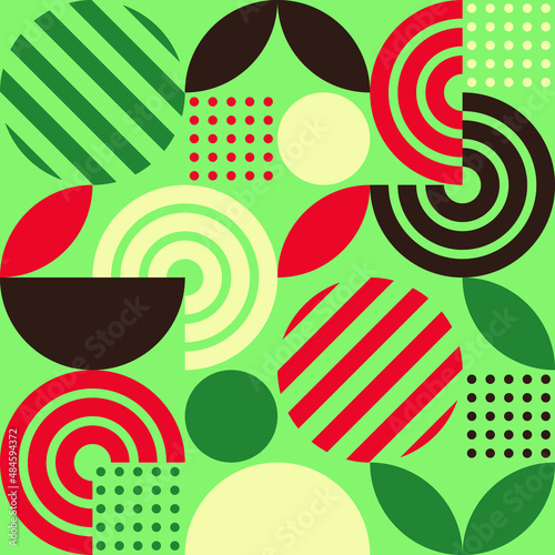 geometric background with striped circles, petals, dots and arcs
