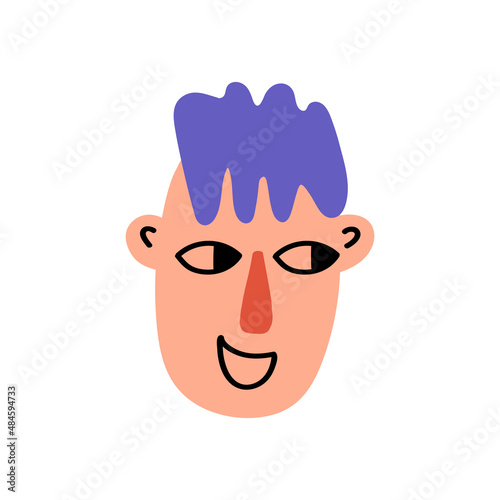 Young boy face character with blue wavy hairs isolated on white background. Fashion funny cartoon head. Colorful people avatar. Vector illustration	