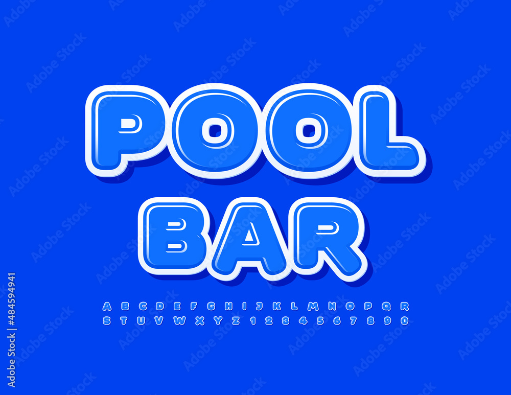 Vector blue emblem Pool Bar with glossy modern Font. Creative set of Alphabet Letters and Numbers