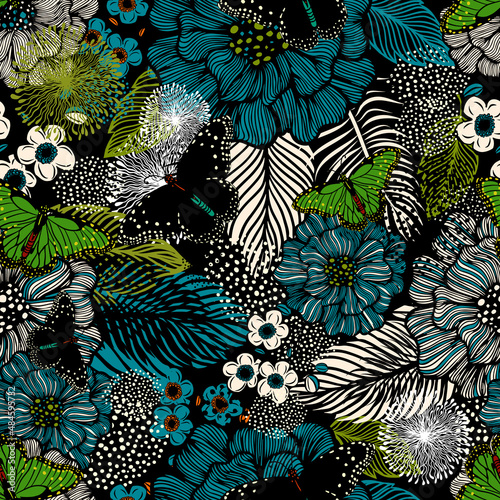 Seamless background from multicolored flowers and butterflies. Vector illustration