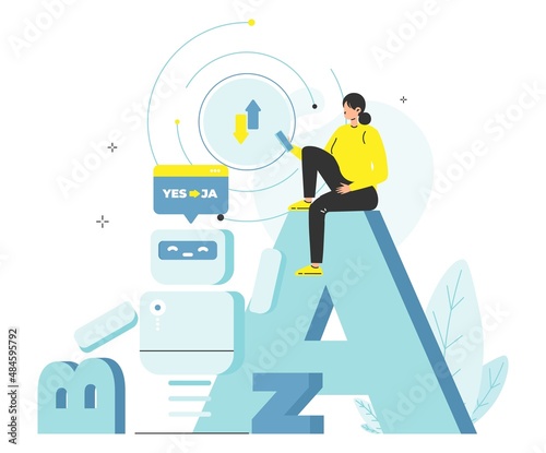 AI chatbot translator, vector illustration. Artificial intelligence foreign languages translation, online support.