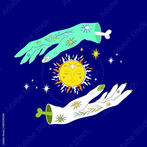 Vector illustration of mystical wise hands, celestial symbols of the sun, moon and stars. Esoteric, spiritual, occult concept. Ideal for web elements, fabric, printing