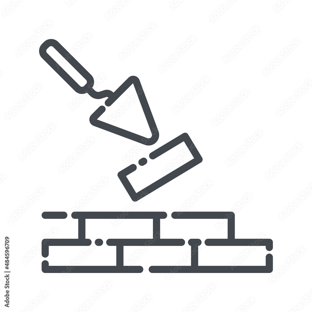 Putty knife and brick wall line icon isolated Putty knife and brick wall line icon isolated