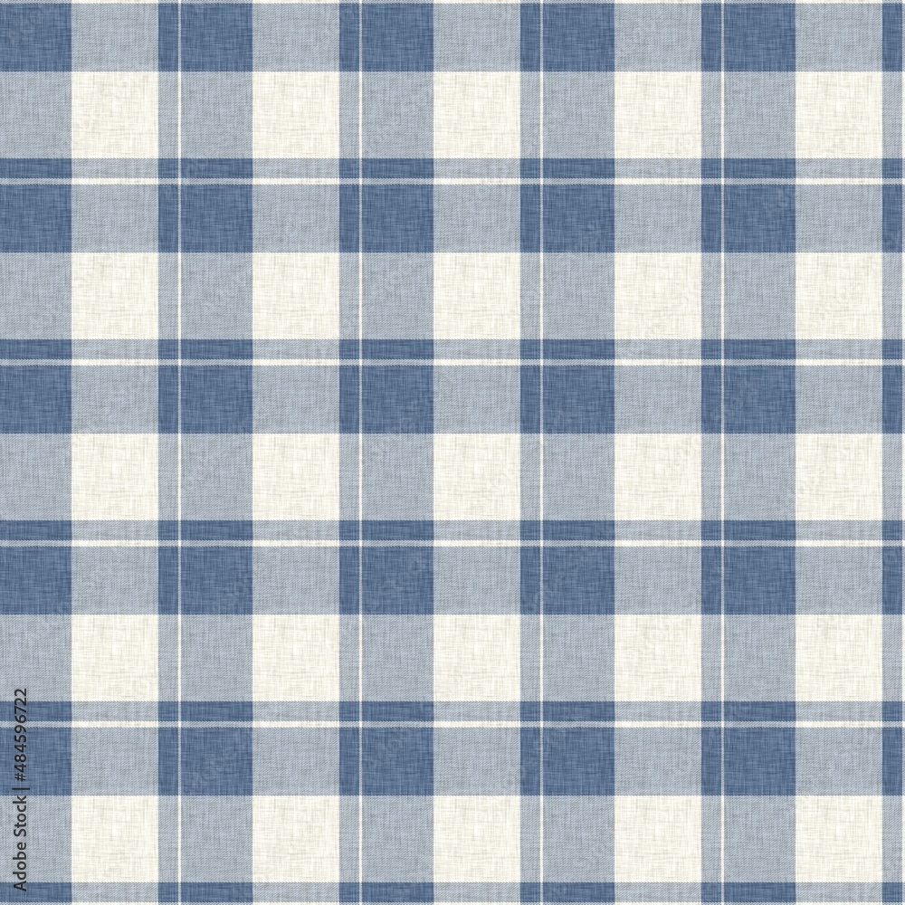 French farmhouse woven blue plaid check seamless linen pattern. Rustic ...