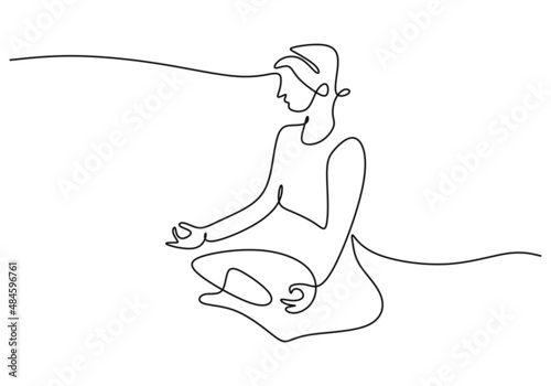 One continuous single line of woman sitting yoga isolated on white background.