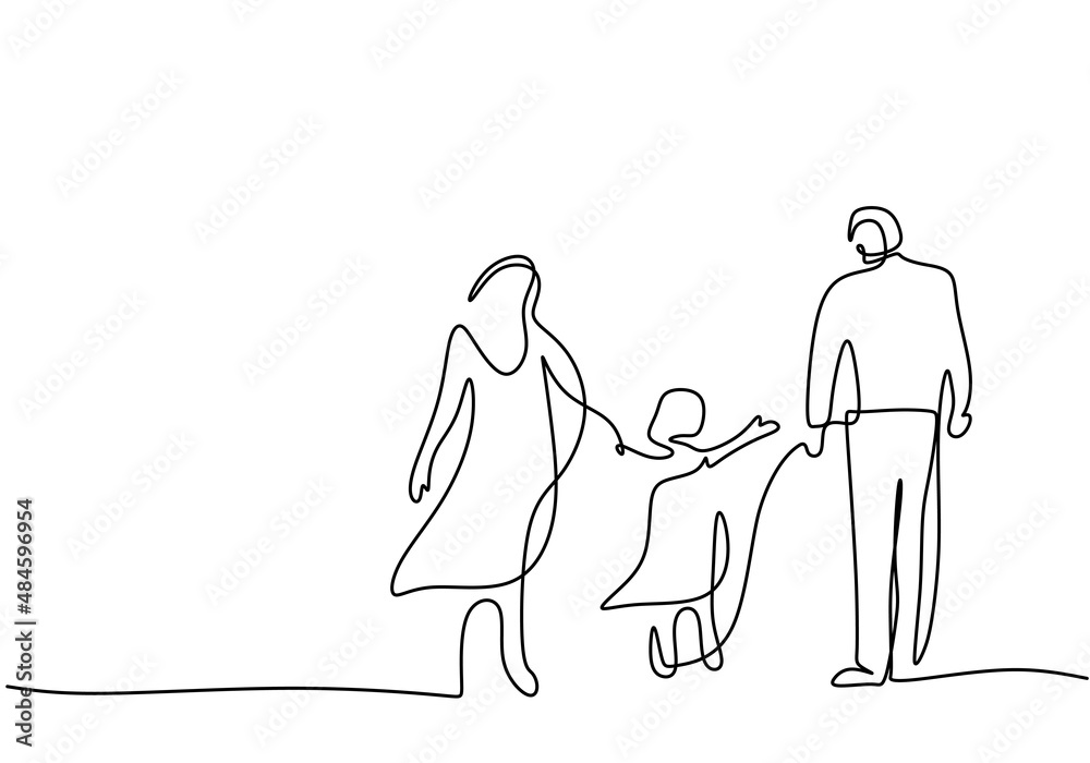 One continuous single line of mother, father and daughter walking isolated on white background. One continuous single line of mother, father and daughter walking isolated on white background.