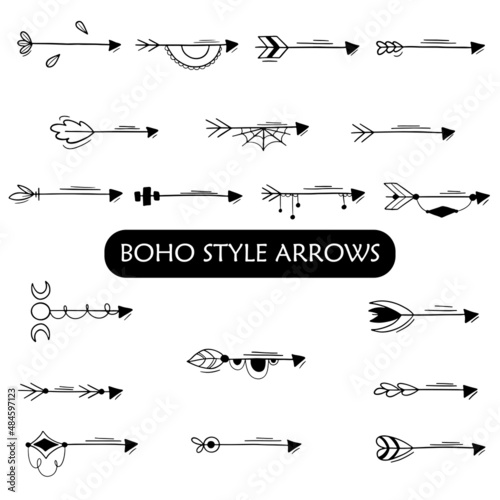 Boho style Arrows set. Black outline doodle illustration. Bullet journal elements.