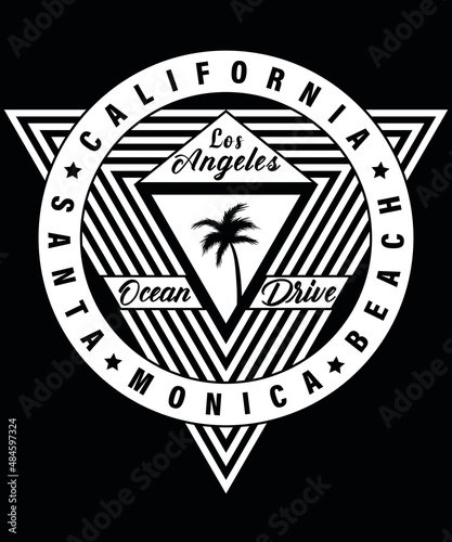 T-shirt design: Santa Monica Beach California typography vector t-shirt design. Vector typography t-shirt design in black background.