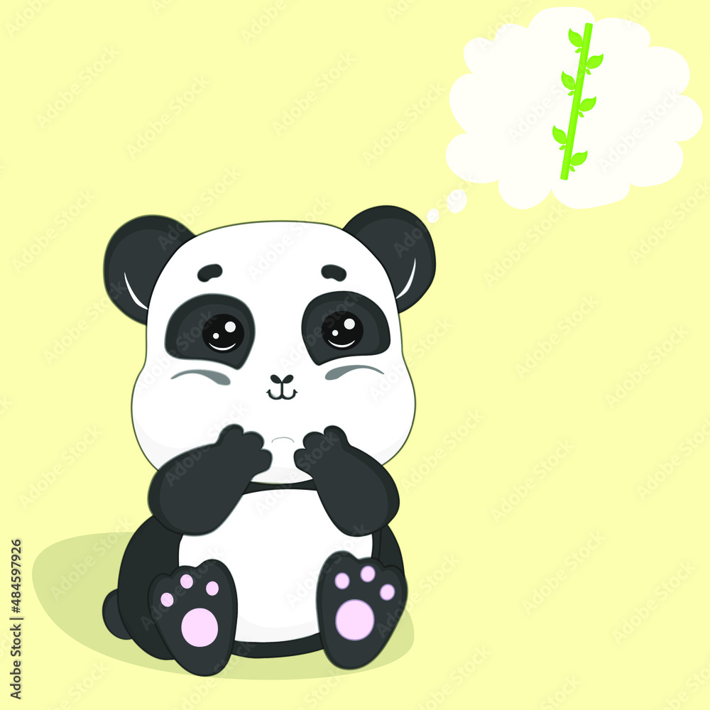 Cute funny baby panda dreams about sweet bamboo. Vector illustration of adorable flat panda isolated on a light yellow background Cute funny baby panda dreams about sweet bamboo. Vector illustration of adorable flat panda isolated on a light yellow background