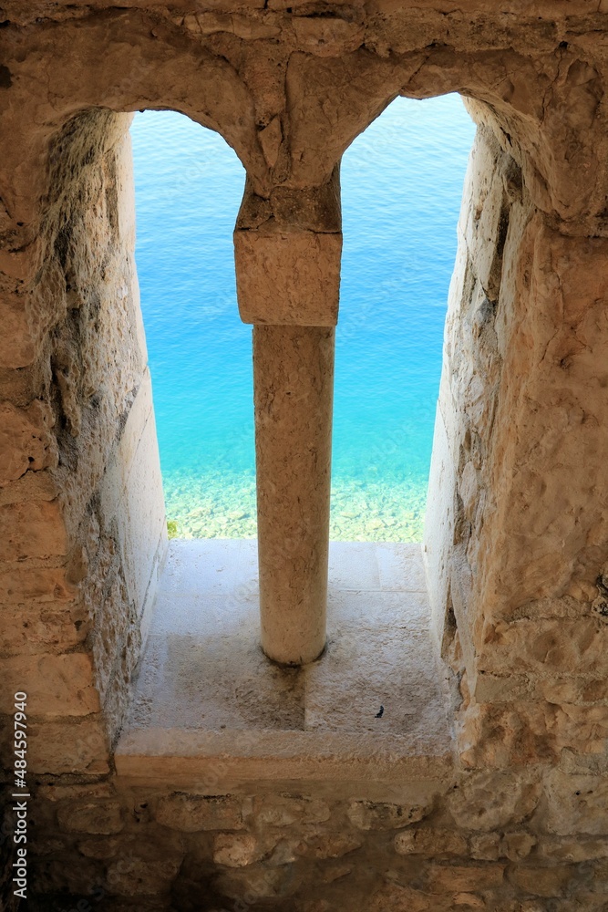 view from a belltower on the blue sea in old town Rab, island Rab, Croatia