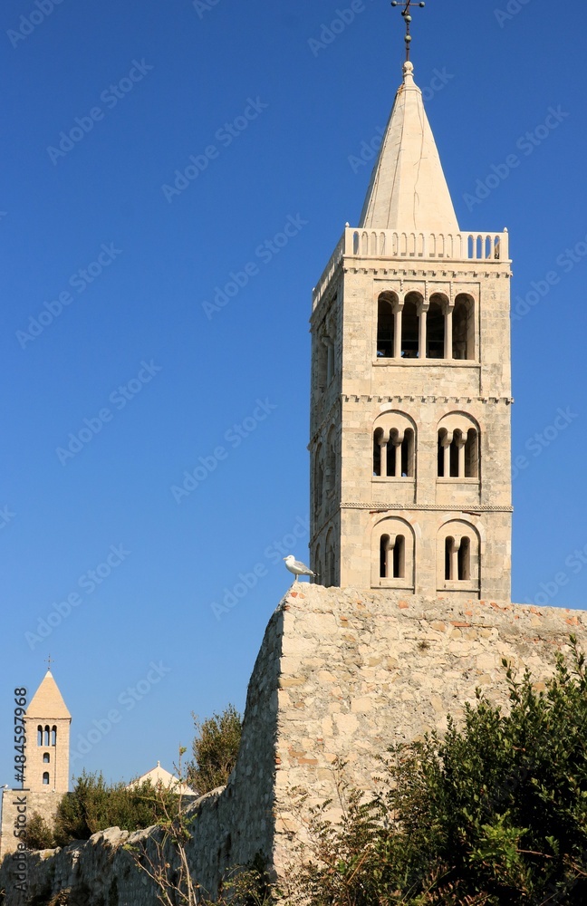 curch tower in old town Rab, island Rab, Croatia