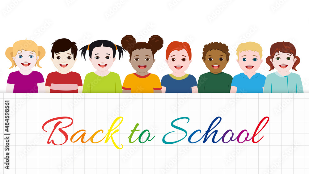 Pupils back to school. Children play hiding behind a wall and then go out happy and smiling. Vector illustration with text Pupils back to school. Children play hiding behind a wall and then go out happy and smiling. Vector illustration with text