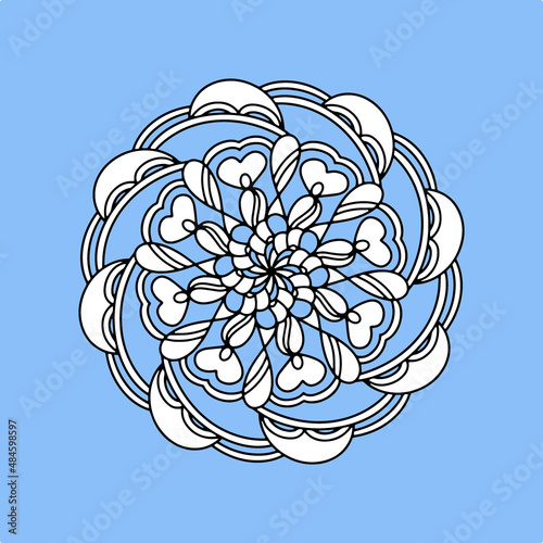 Mandala. Ornamental round doodle flower isolated on light blue background. Geometric circle element.