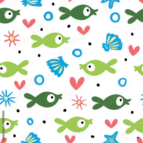 Seamless pattern with cute cartoon underwater inhabitants.