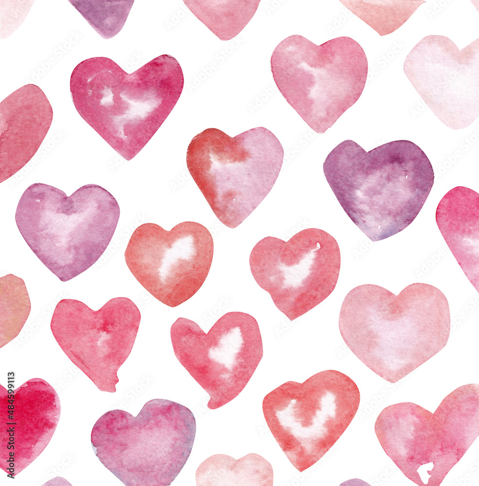 Watercolor hearts background. Pink watercolor heart pattern. Colorful watercolor romantic texture.