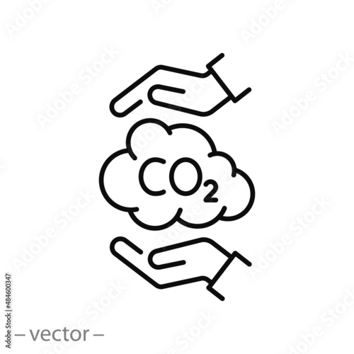hands capture co2 cloud, icon, reduce carbon emission, protect environment, thin line symbol on white background - editable stroke vector illustration