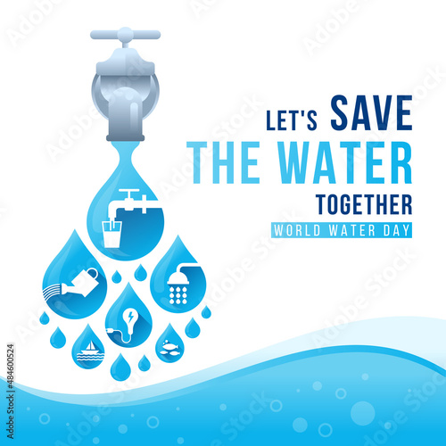 world water day banner  - Let's save the water together text and Blue drops water with white icons about the topic of water falling from the tap vector design