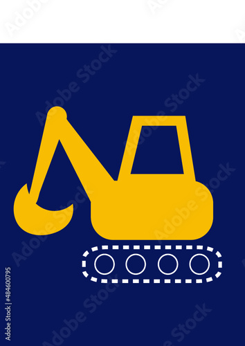 Bagger, Kran, Baustelle; Kinder, comic, bauen, raupenbagger, baggerfahrer, fahrzeug, baustellenfahrzeug, vektor, clipart, kindergarten, junge, grafik, gelb, blau, weiß, aufkleber