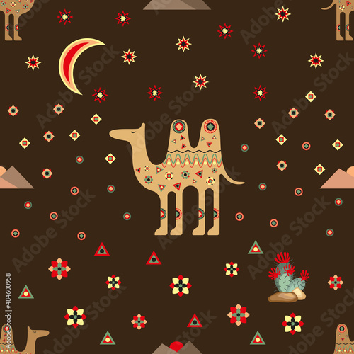 Seamless pattern with camels in oriental style on a dark background with the moon, cactus and small decorative elements