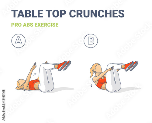 Girl Doing Tabletop Crunch or Double Crunches Exercise Guidance in Two Stages.