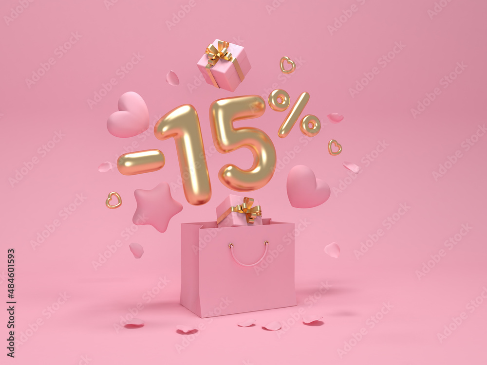 Happy Valentine's Day. Discount -15%. Hearts and stars fly out of the package. 3D rendering. Happy Valentine's Day. Discount -15%. Hearts and stars fly out of the package. 3D rendering.