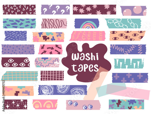 Washi tapes. Vector set pieces of paper with abstract spots, elements, eyes, lines, dots, plus, arrow. Masking tape for frames, scrapbooking, borders, web graphics, crafts, stickers.
