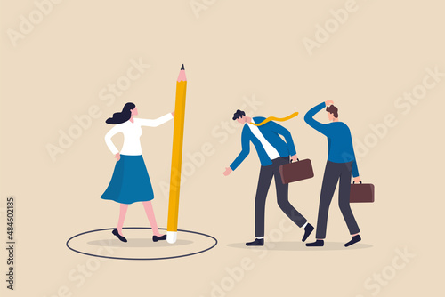 Personal space, privacy or work boundary to limit access and protect from people, introvert or safe zone concept, businesswoman using pencil to draw personal space circle to protect from coworkers. photo