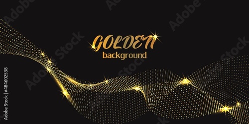 Abstract dark background with a wave of shiny golden particles. Gold dust with sparkles. Glow light effect. Vector, abstraction. Glowing invitation template.