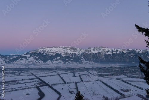 View over the rhine valley from Planken in Liechtenstein in the morning time photo