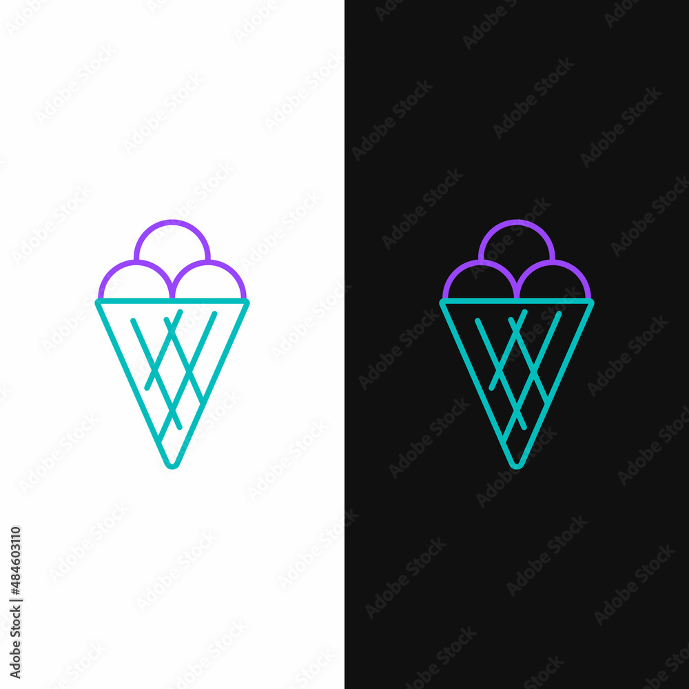 Line Ice cream in waffle cone icon isolated on white and black background. Sweet symbol. Colorful outline concept. Vector
