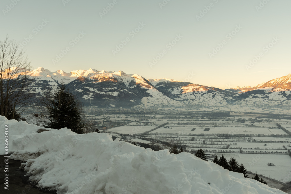 View over the rhine valley from Planken in Liechtenstein in the morning time