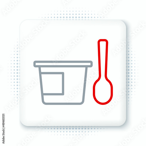 Line Yogurt container with spoon icon isolated on white background. Yogurt in plastic cup. Colorful outline concept. Vector