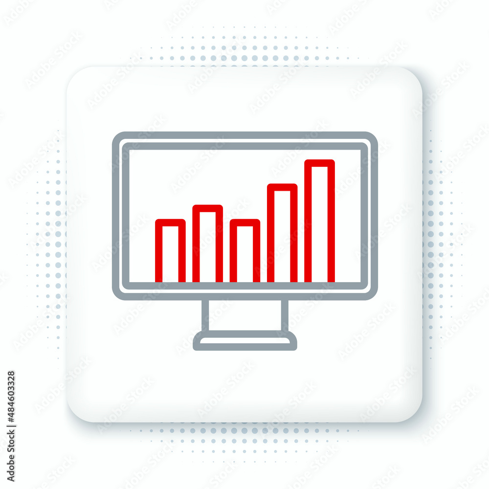 Line Computer monitor with graph chart icon isolated on white background. Report text file. Accounting sign. Audit, analysis, planning. Colorful outline concept. Vector Line Computer monitor with graph chart icon isolated on white background. Report text file. Accounting sign. Audit, analysis, planning. Colorful outline concept. Vector