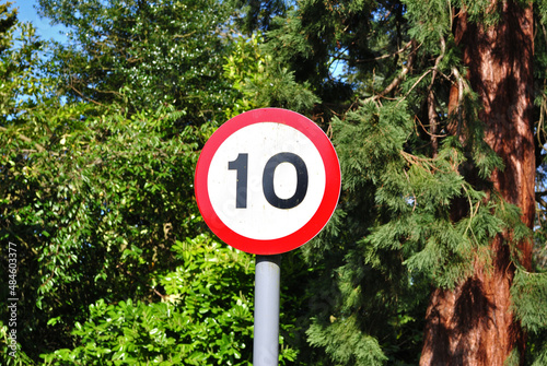 Round Speed Limit Sign '10' on Steel Pole in front of Trees