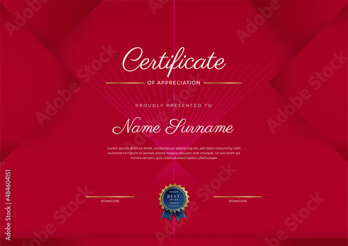 Certificate of appreciation template, gold and red color. Clean modern certificate with gold badge. Certificate border template with luxury and modern line pattern. Diploma vector template