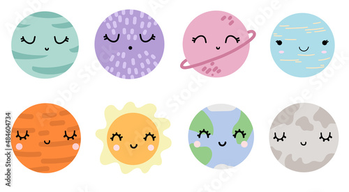 Fototapeta Naklejka Na Ścianę i Meble -  Cute adorable nursery vector planet set with adorable emotion faces. Smiling multicolored galaxy.