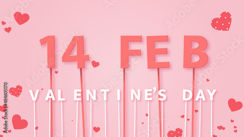 14 Feb Valentine's day text on pink background with heart confetti, 16x9 proportion