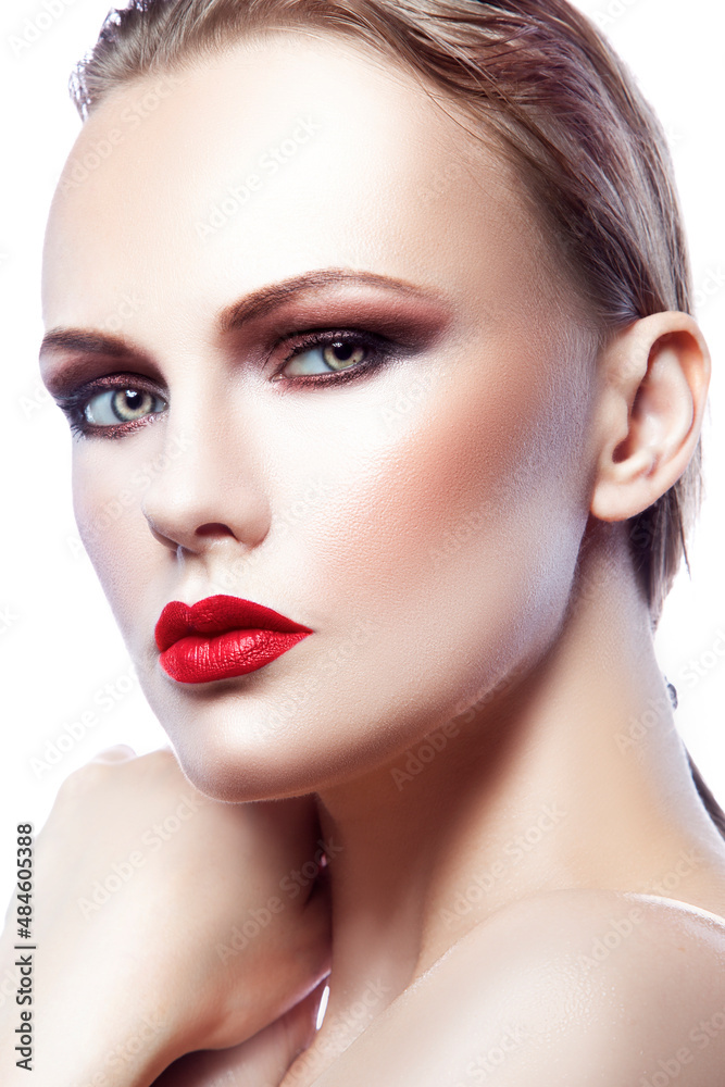 Beauty face of model woman with makeup, red lips, perfect skin Beauty face of model woman with makeup, red lips, perfect skin